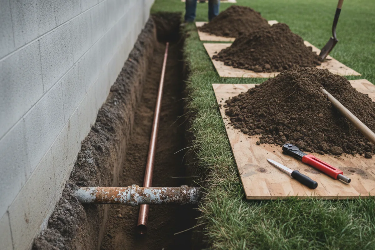 Excavated water line trench during Water Softener Installation in San Jacinto